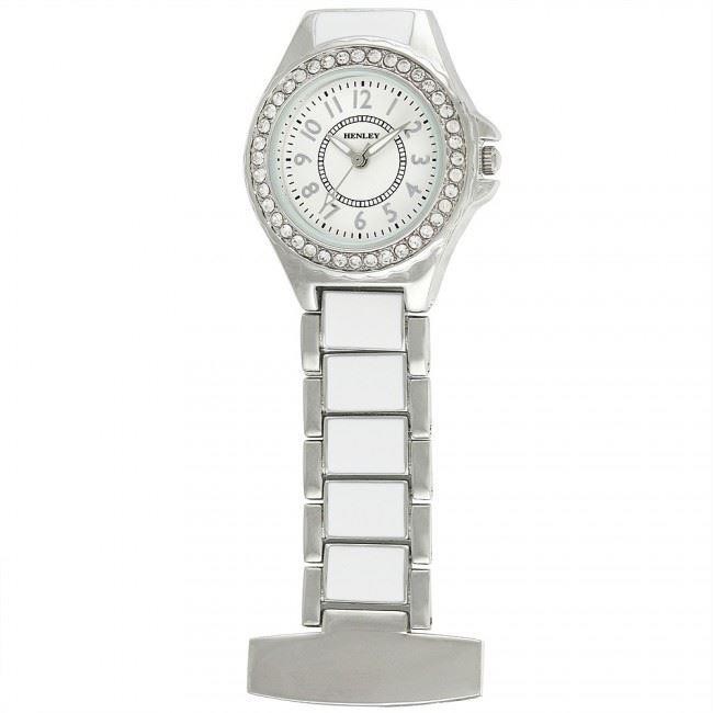Henley Ladies Fashion White Enamel Link Diamante Crystal Set Fob Watch