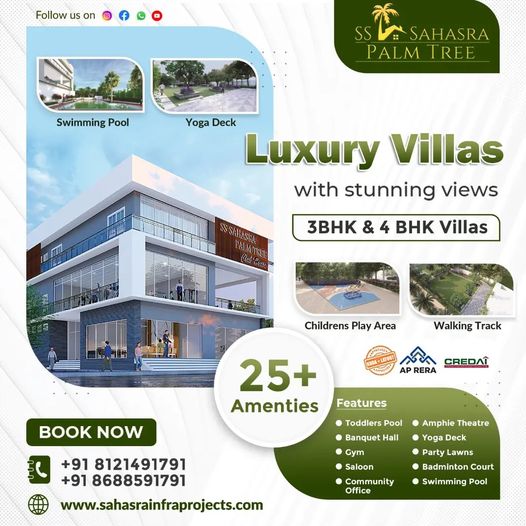 3BHK and 4BHK villas near Sudireddypalli Road || SS Sahasra Palm Tree 3 and 4BHK Villas