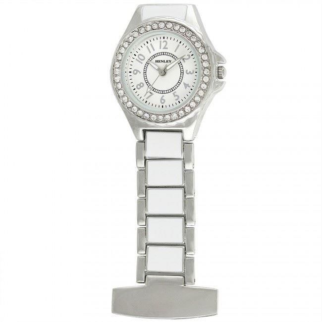 Henley Ladies Fashion White Enamel Link Diamante Crystal Set Fob Watch