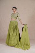 Green Tissue Pleated Lehenga & Choli with Embellis
